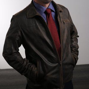 Distressed stone washed leather jacket